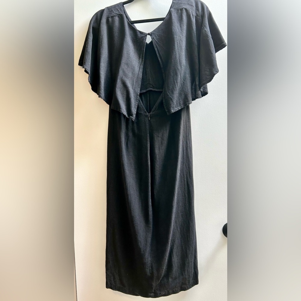 Vintage Lush Black Linen Shoulder cape Open Back Midi Dress